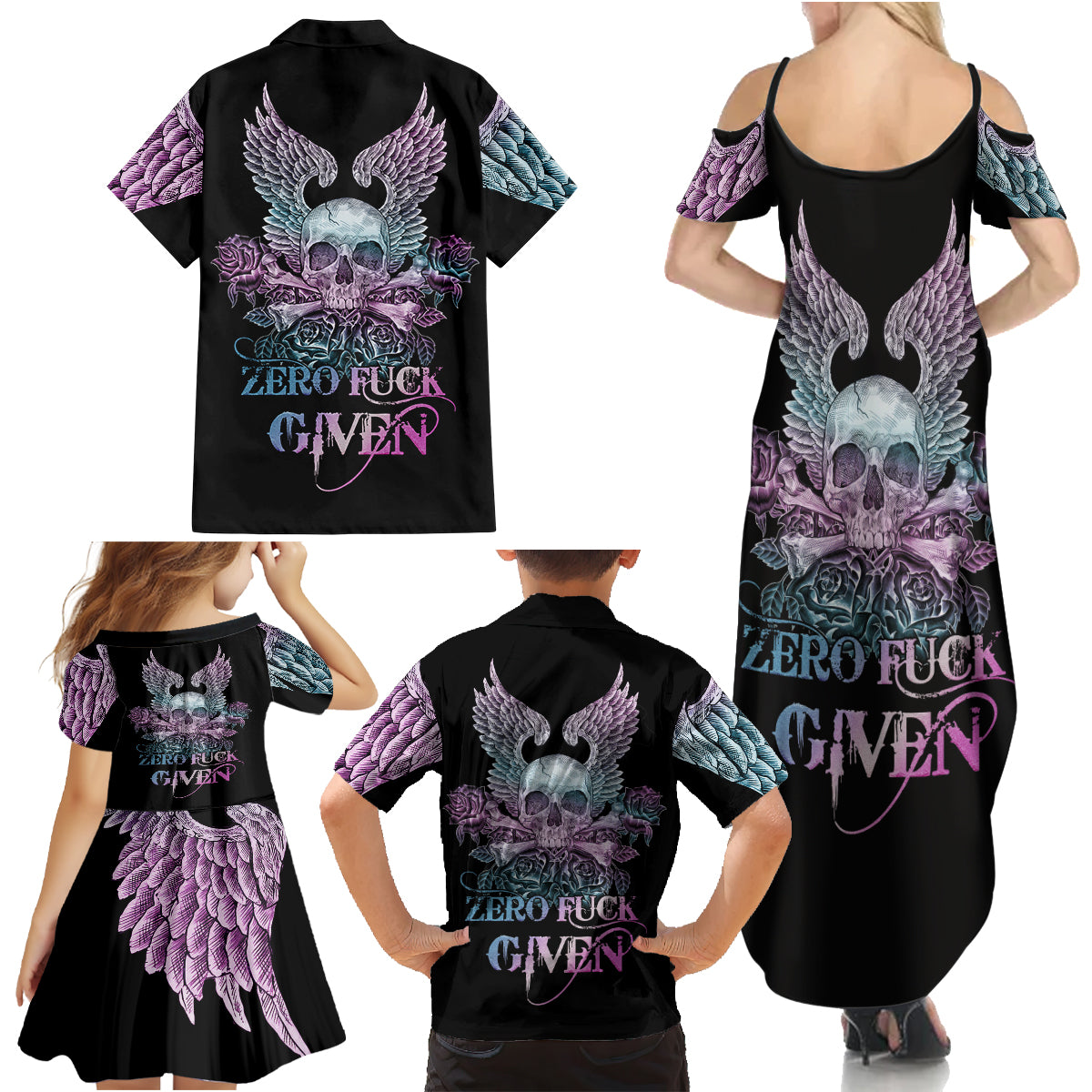 Skull Wings Roses - Zero Fuck Given Family Matching Summer Maxi Dress and Hawaiian Shirt - Wonder Print Shop
