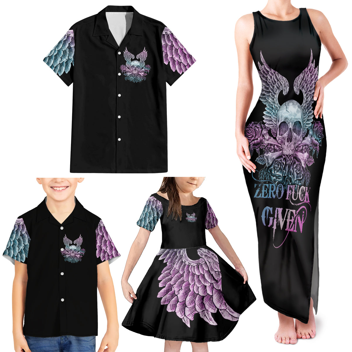 Skull Wings Roses - Zero Fuck Given Family Matching Tank Maxi Dress and Hawaiian Shirt - Wonder Print Shop