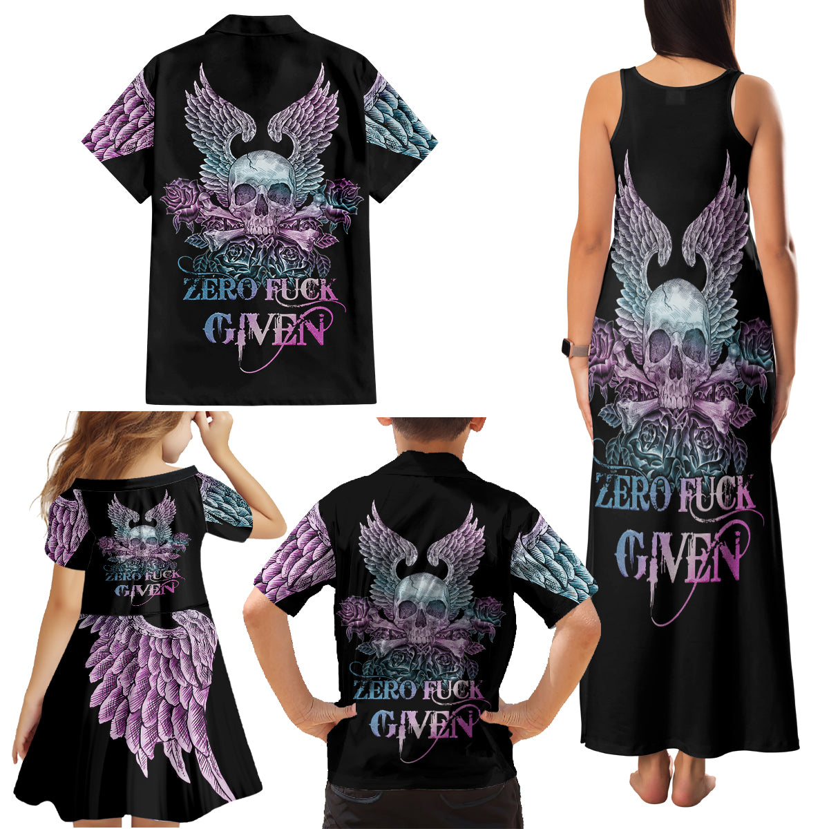 Skull Wings Roses - Zero Fuck Given Family Matching Tank Maxi Dress and Hawaiian Shirt - Wonder Print Shop