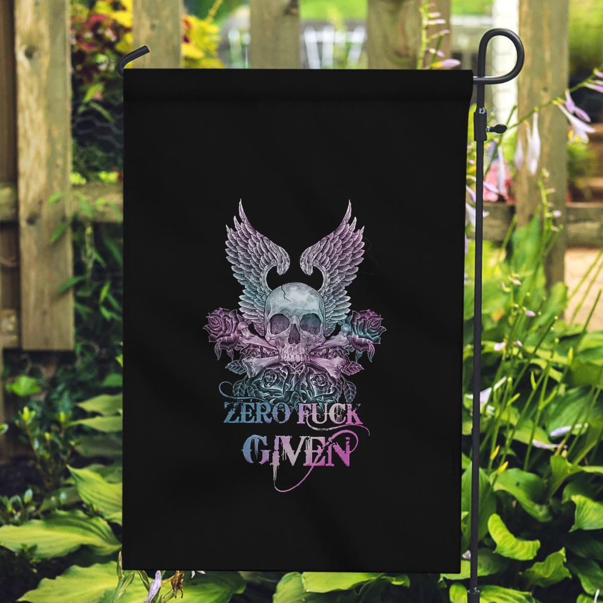 Skull Wings Roses - Zero Fuck Given Garden Flag - Wonder Print Shop