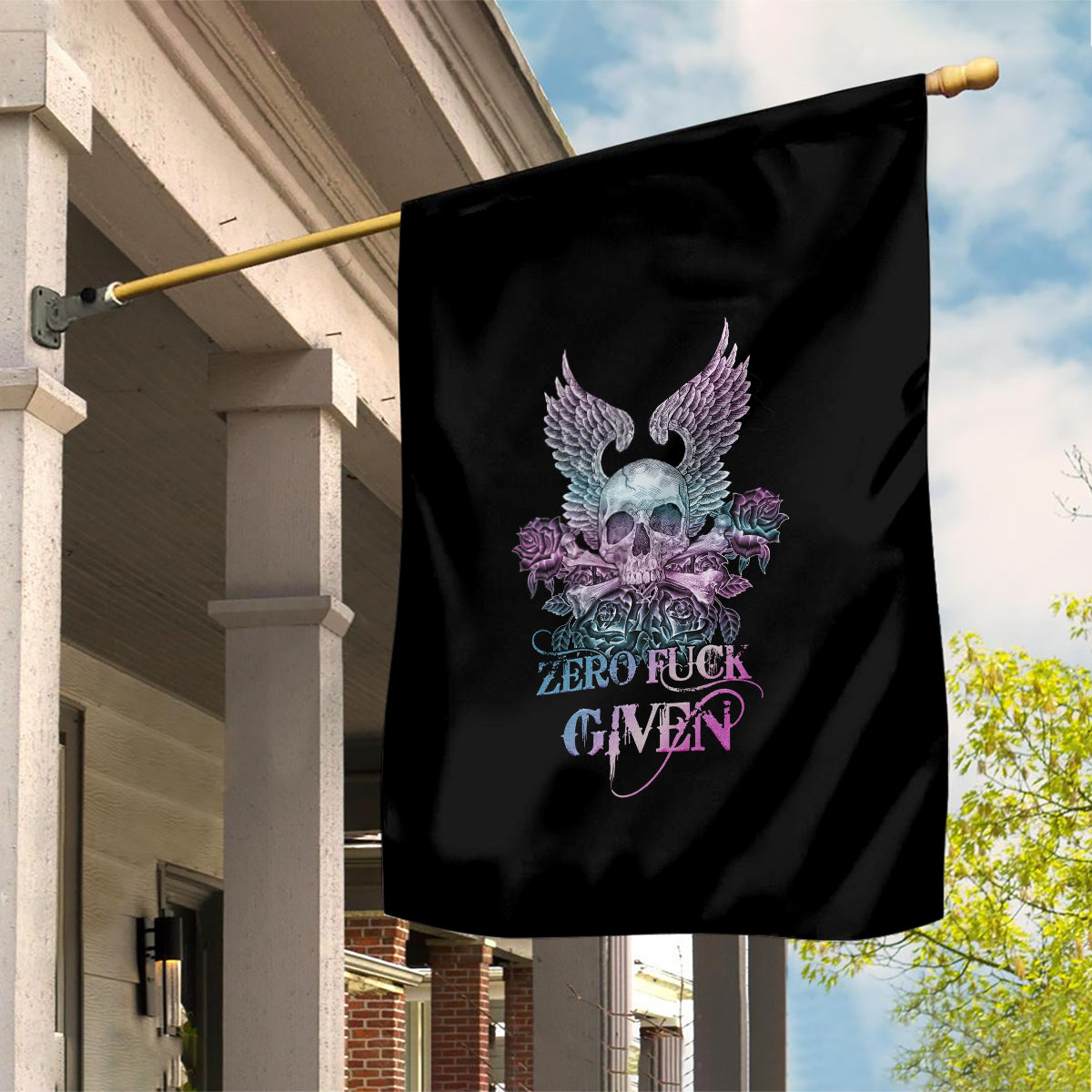 Skull Wings Roses - Zero Fuck Given Garden Flag - Wonder Print Shop