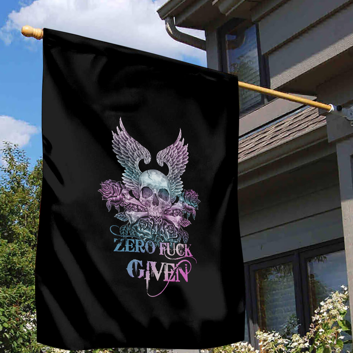 Skull Wings Roses - Zero Fuck Given Garden Flag - Wonder Print Shop