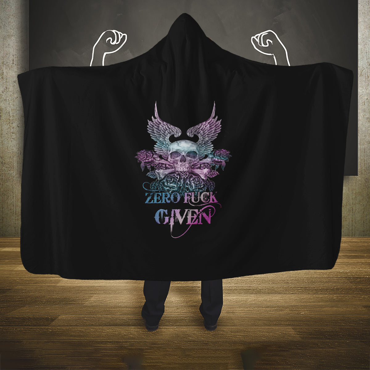 skull-wings-roses-zero-fuck-given-hooded-blanket