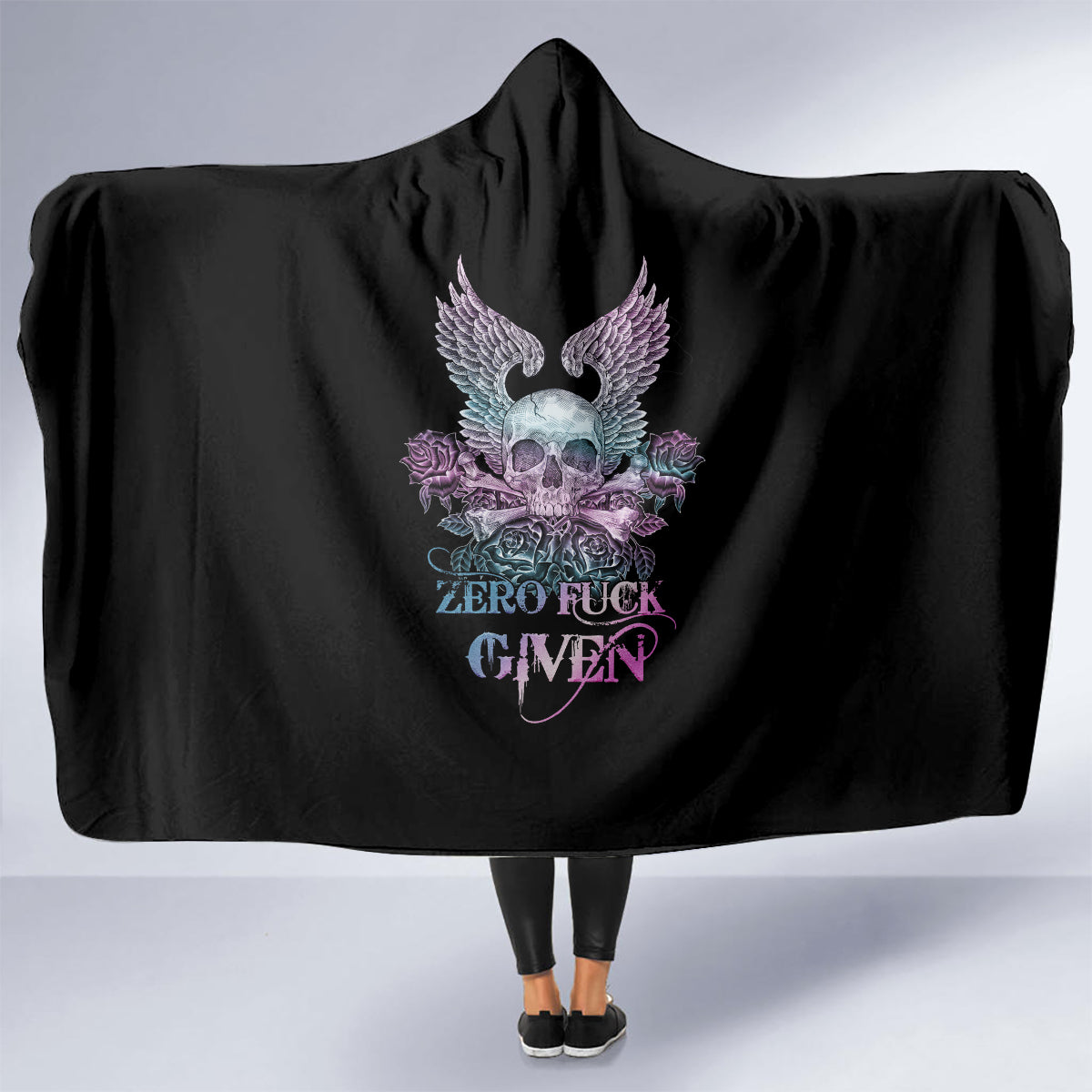 skull-wings-roses-zero-fuck-given-hooded-blanket
