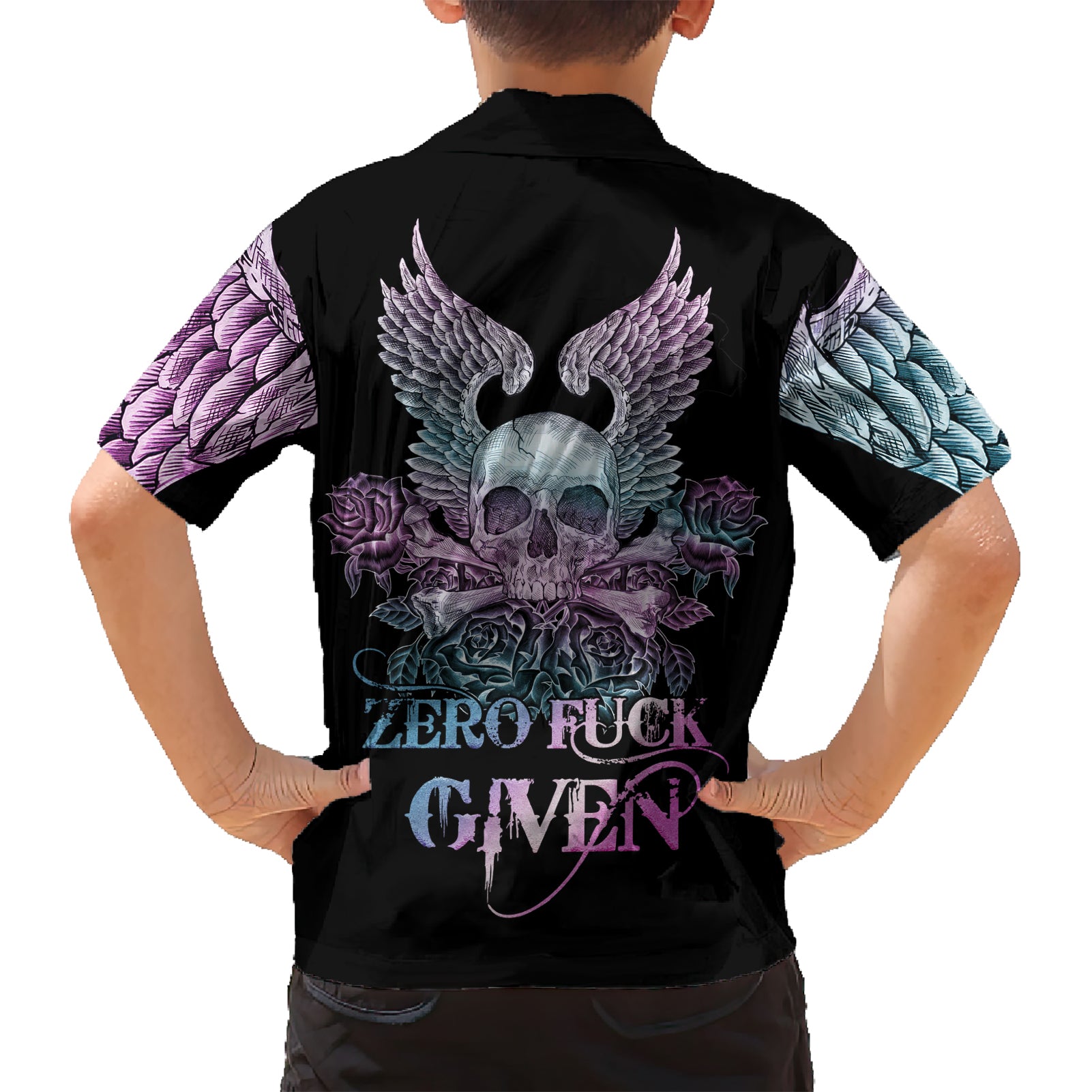 Skull Wings Roses - Zero Fuck Given Kid Hawaiian Shirt - Wonder Print Shop