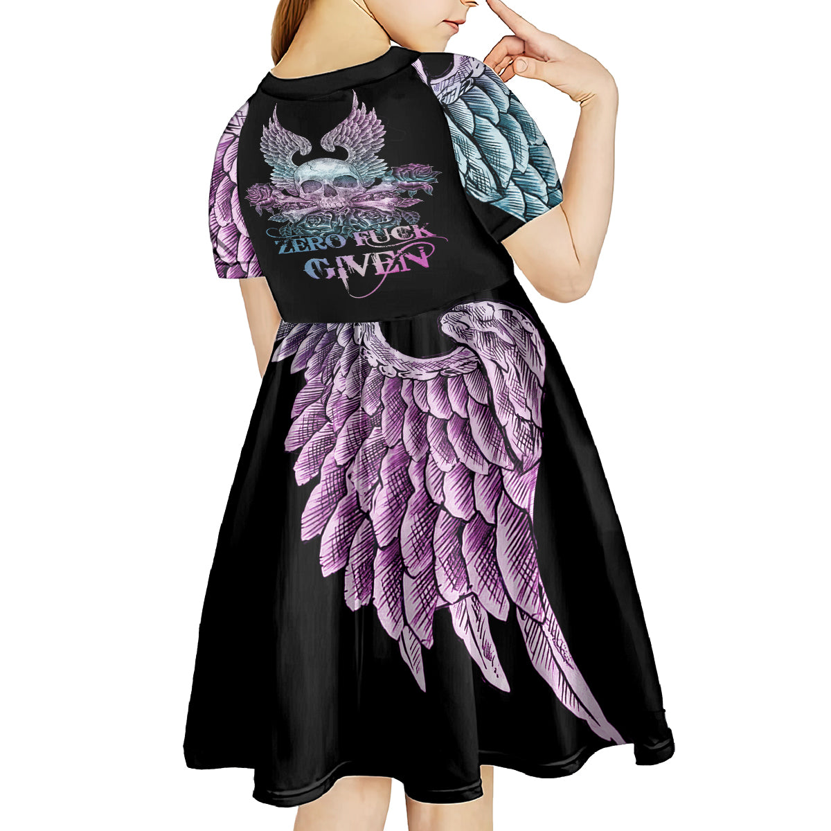 Skull Wings Roses - Zero Fuck Given Kid Short Sleeve Dress - Wonder Print Shop