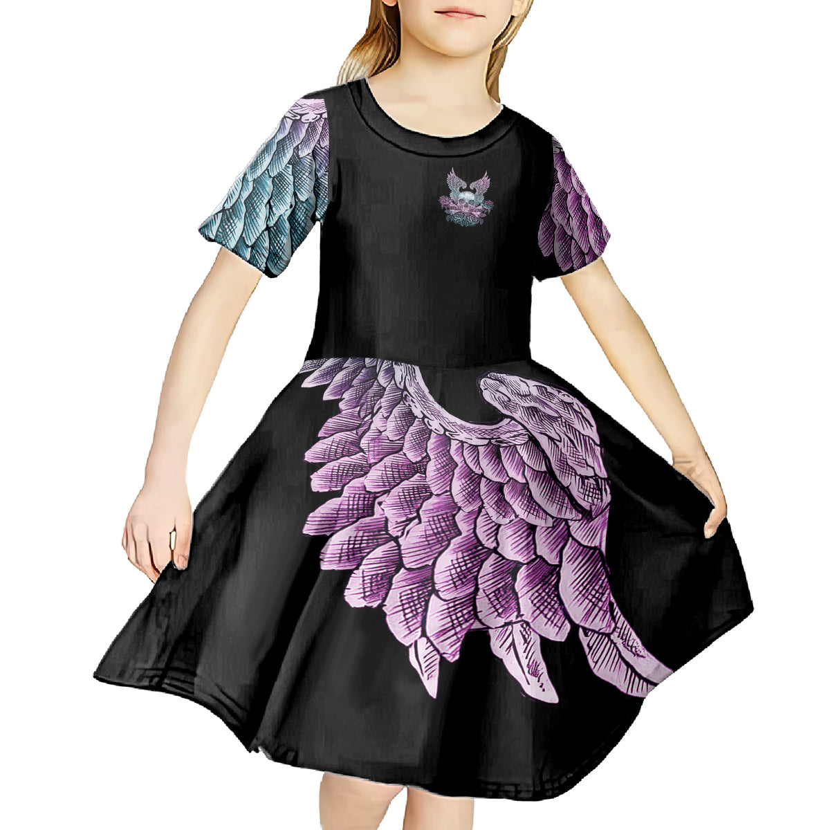 Skull Wings Roses - Zero Fuck Given Kid Short Sleeve Dress - Wonder Print Shop
