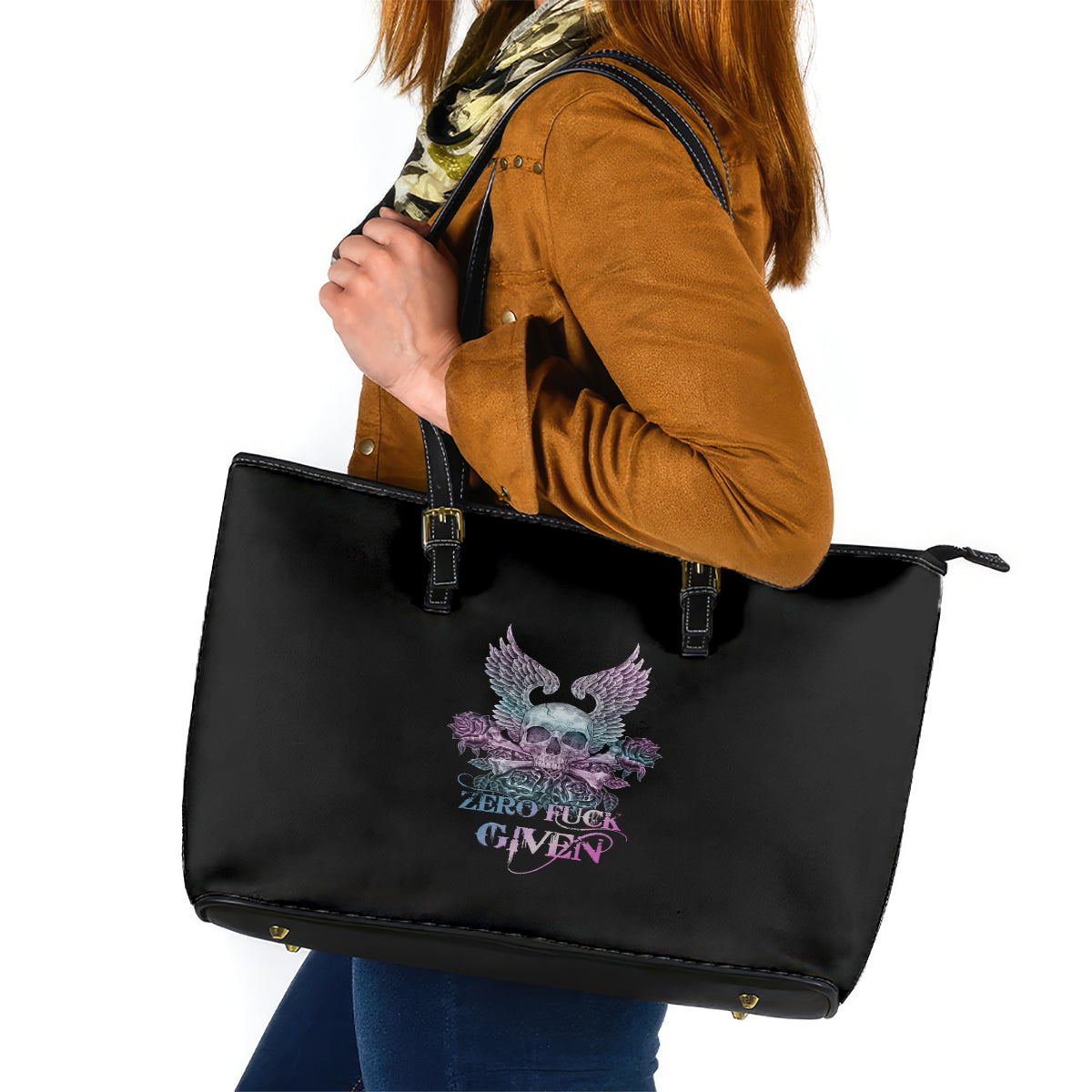 Skull Wings Roses - Zero Fuck Given Leather Tote Bag - Wonder Print Shop