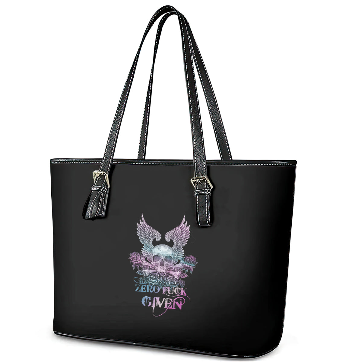 Skull Wings Roses - Zero Fuck Given Leather Tote Bag - Wonder Print Shop