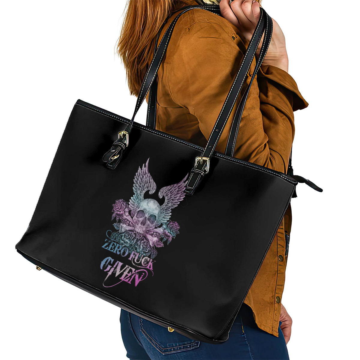 Skull Wings Roses - Zero Fuck Given Leather Tote Bag - Wonder Print Shop