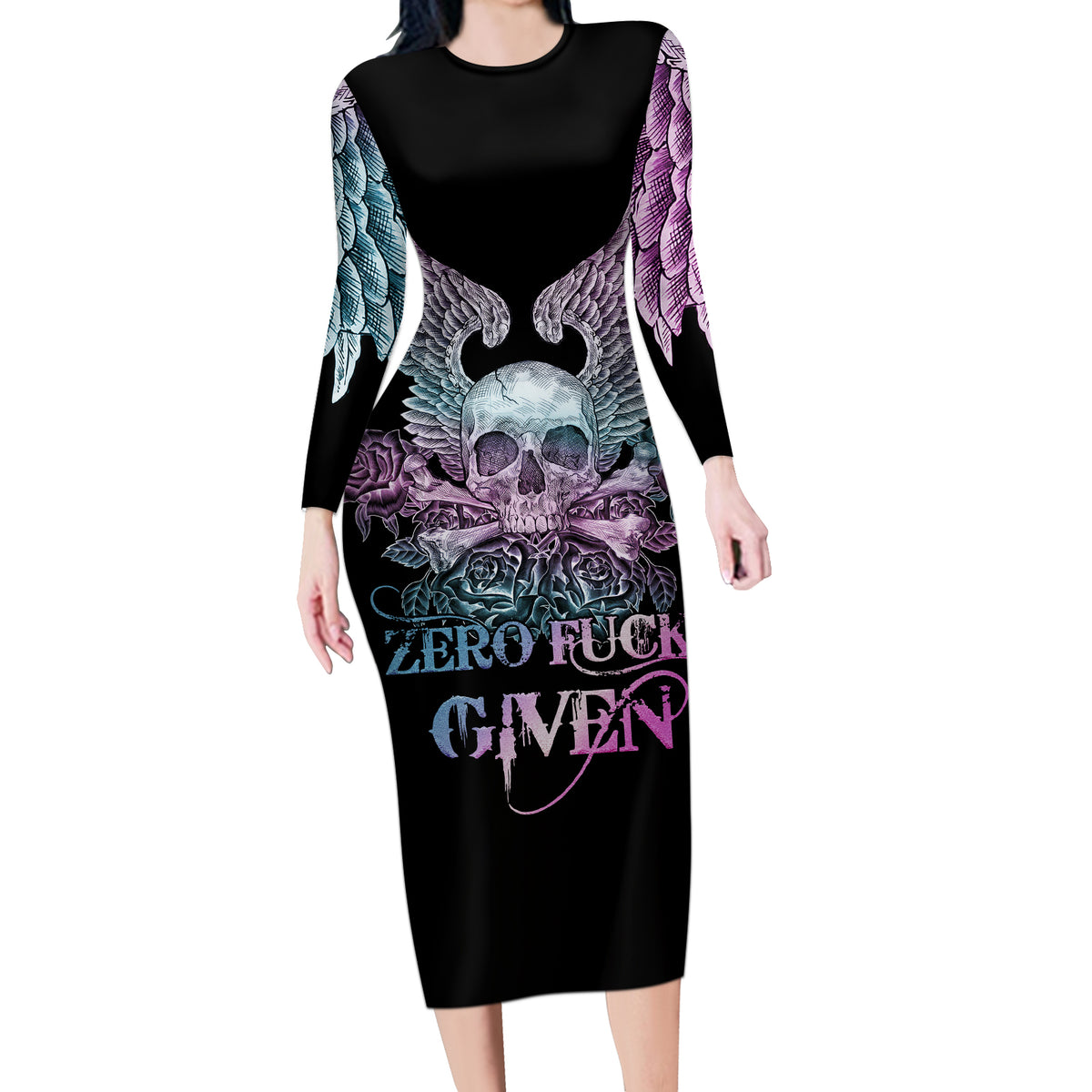 Skull Wings Roses - Zero Fuck Given Long Sleeve Bodycon Dress - Wonder Print Shop