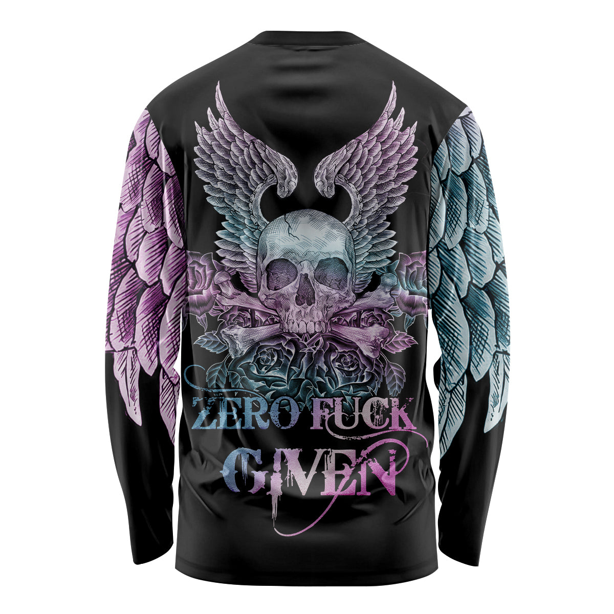 Skull Wings Roses - Zero Fuck Given Long Sleeve Shirt - Wonder Print Shop