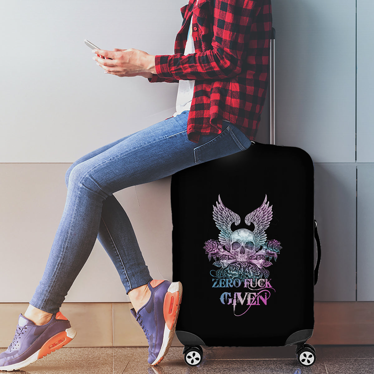 Skull Wings Roses - Zero Fuck Given Luggage Cover - Wonder Print Shop