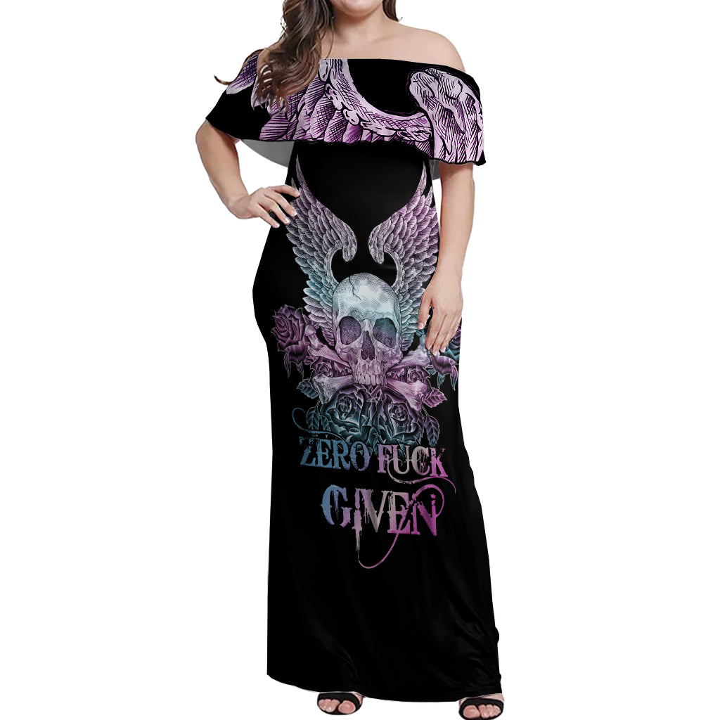 Skull Wings Roses - Zero Fuck Given Off Shoulder Maxi Dress - Wonder Print Shop
