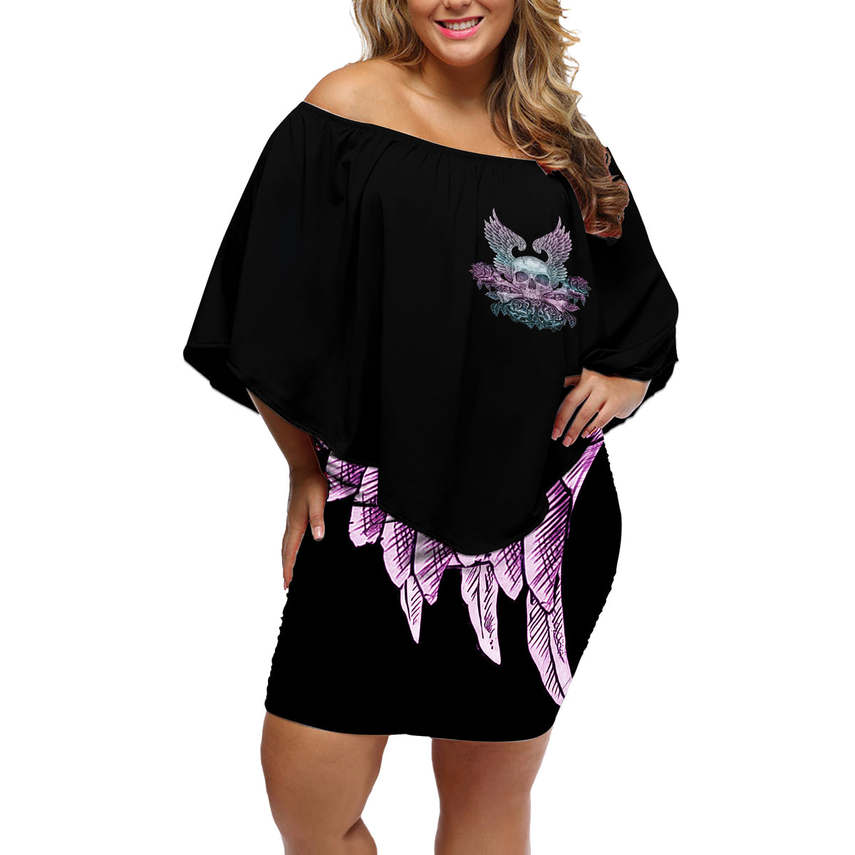 Skull Wings Roses - Zero Fuck Given Off Shoulder Short Dress - Wonder Print Shop