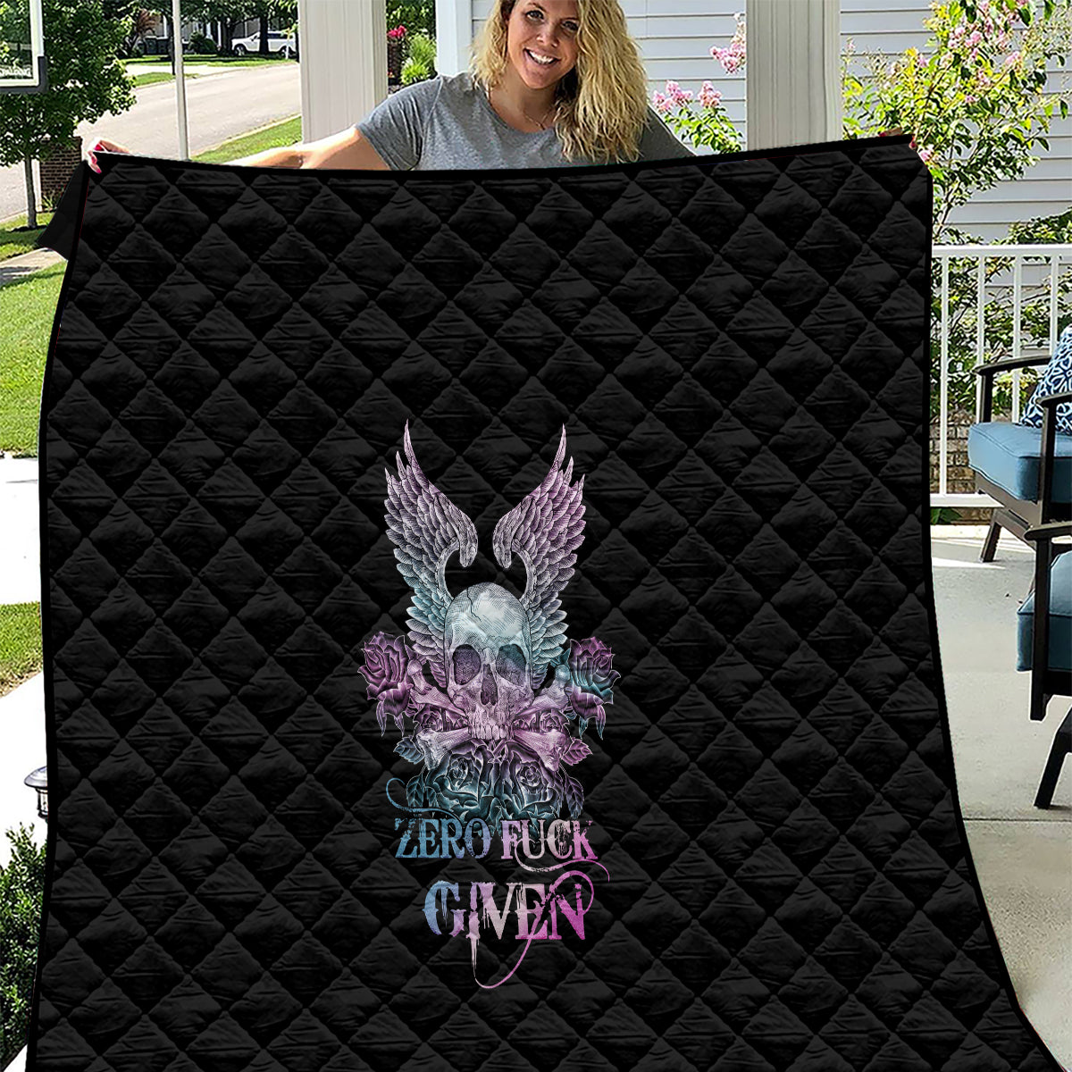 Skull Wings Roses - Zero Fuck Given Quilt - Wonder Print Shop