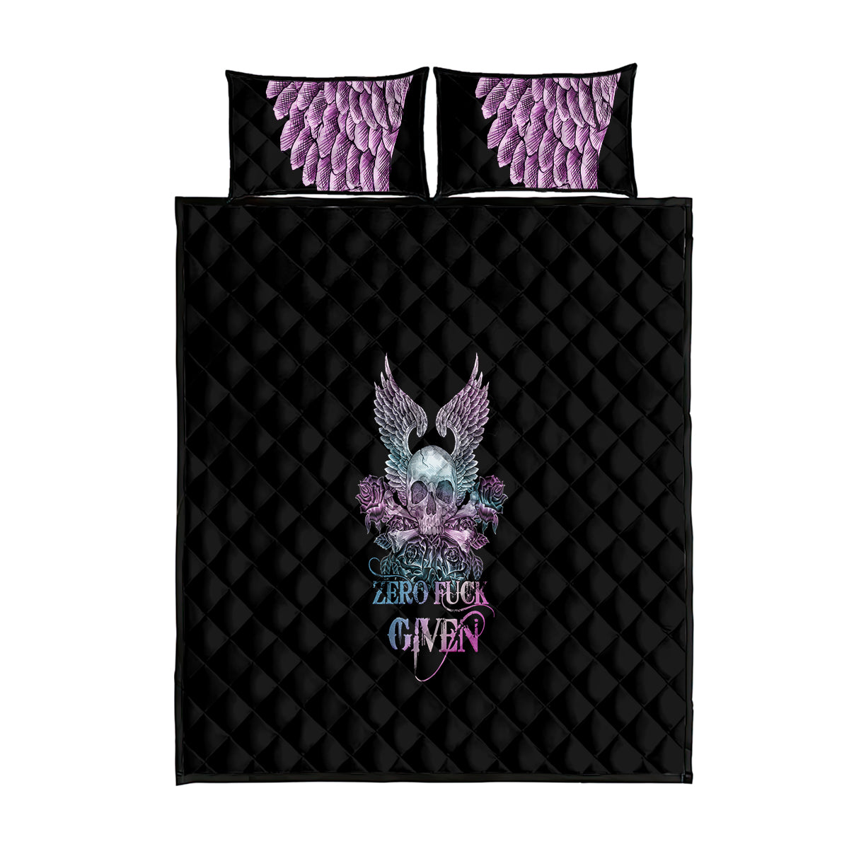 Skull Wings Roses - Zero Fuck Given Quilt Bed Set - Wonder Print Shop