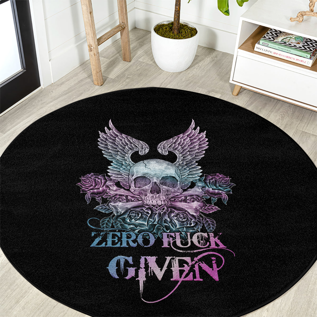 skull-wings-roses-zero-fuck-given-round-carpet