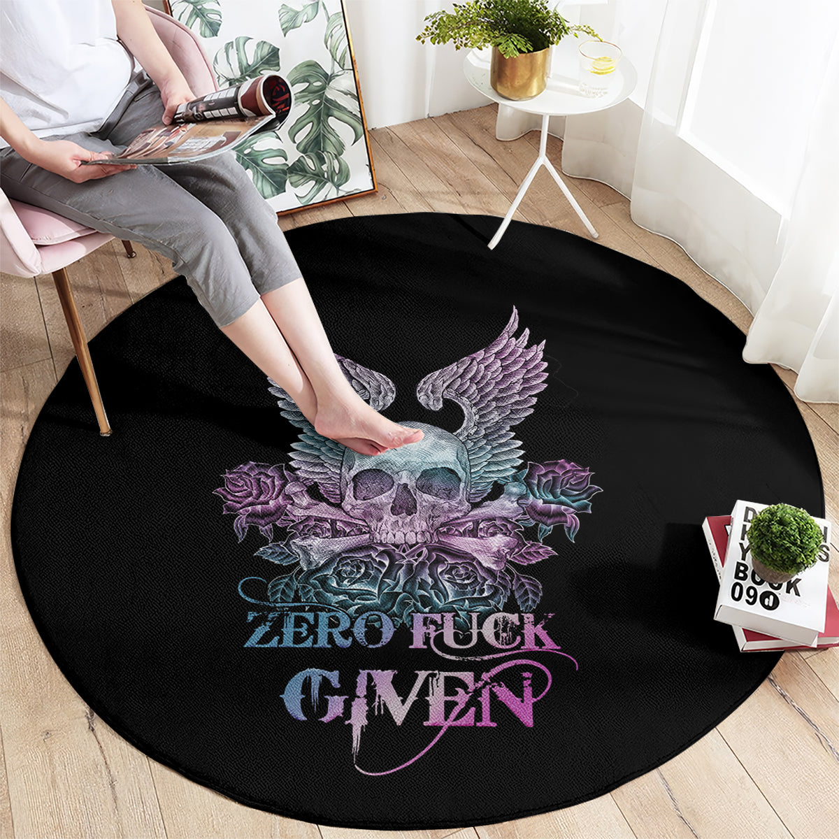 skull-wings-roses-zero-fuck-given-round-carpet