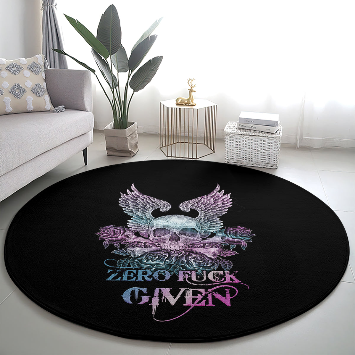 skull-wings-roses-zero-fuck-given-round-carpet