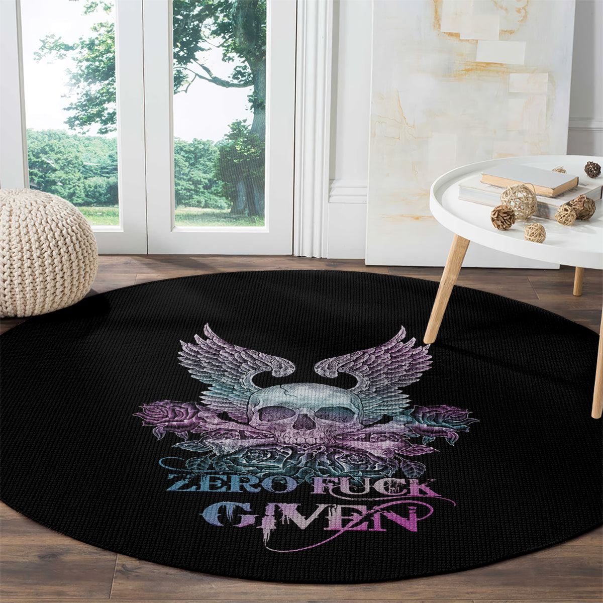 skull-wings-roses-zero-fuck-given-round-carpet
