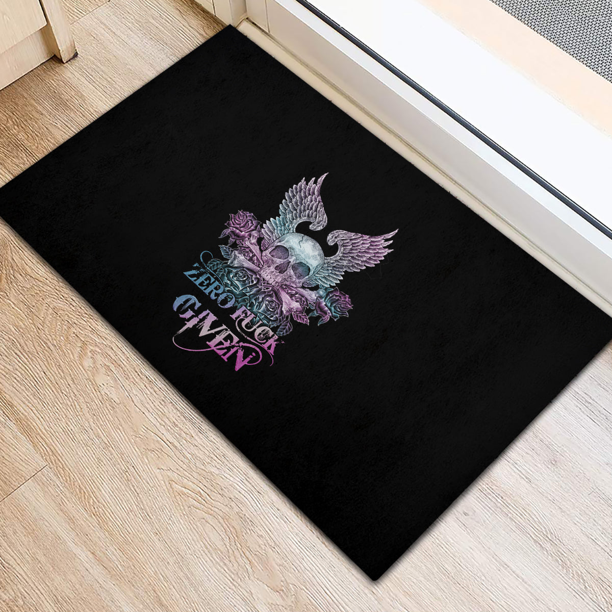 Skull Wings Roses - Zero Fuck Given Rubber Doormat - Wonder Print Shop
