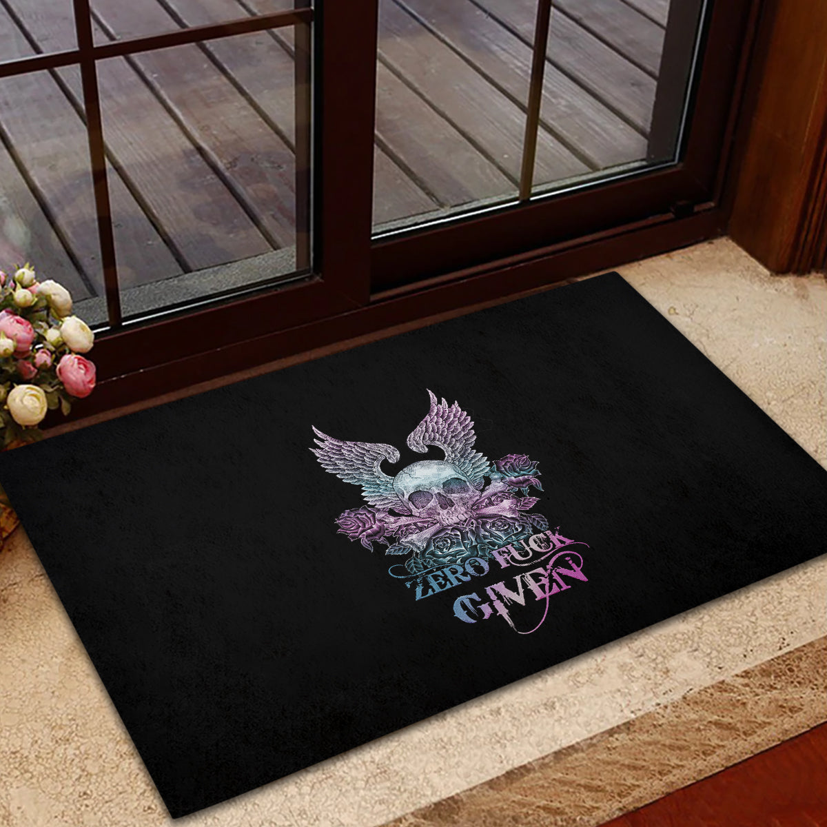 Skull Wings Roses - Zero Fuck Given Rubber Doormat - Wonder Print Shop