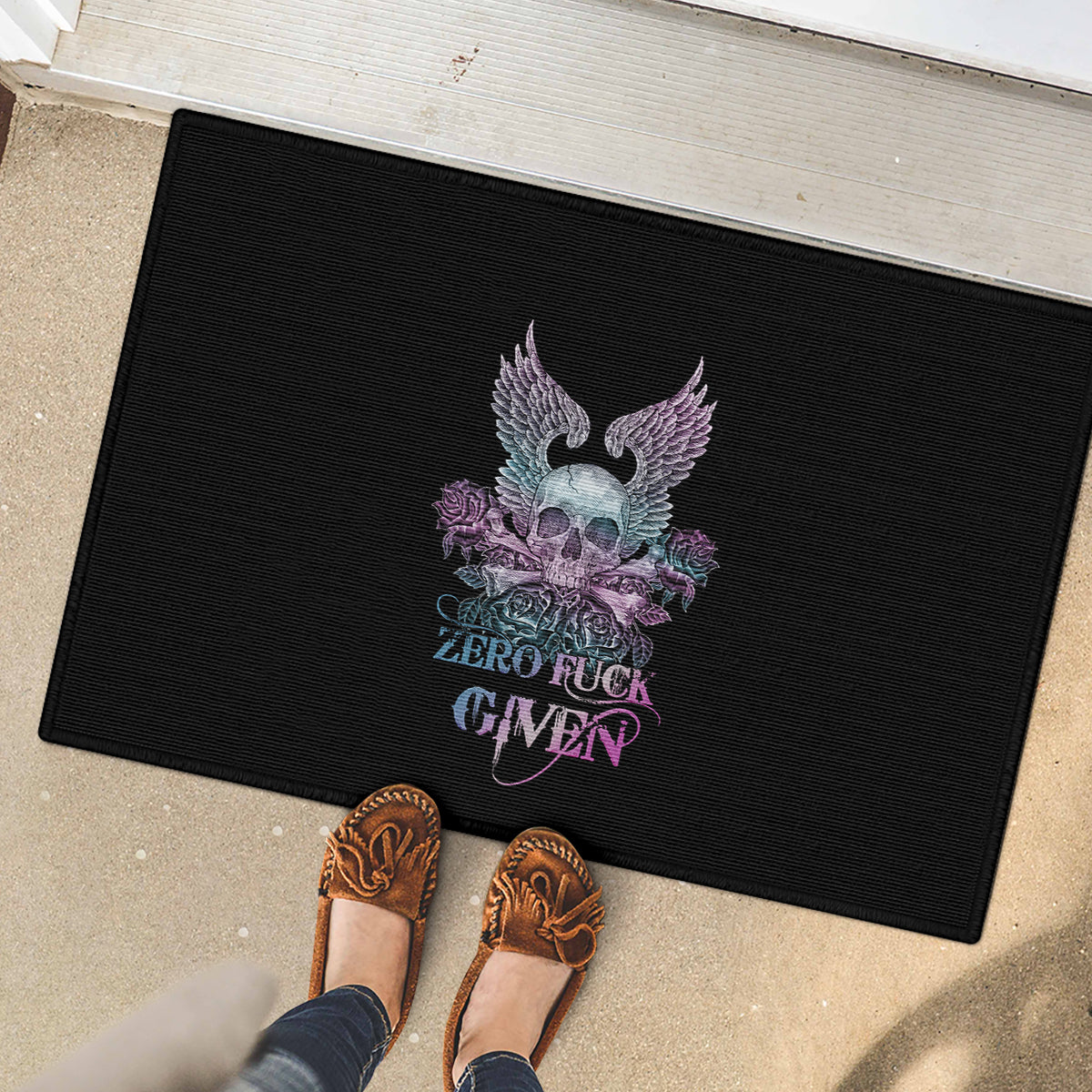 Skull Wings Roses - Zero Fuck Given Rubber Doormat - Wonder Print Shop