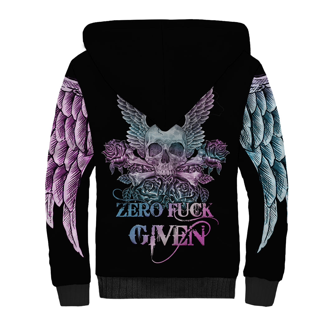 Skull Wings Roses - Zero Fuck Given Sherpa Hoodie - Wonder Print Shop