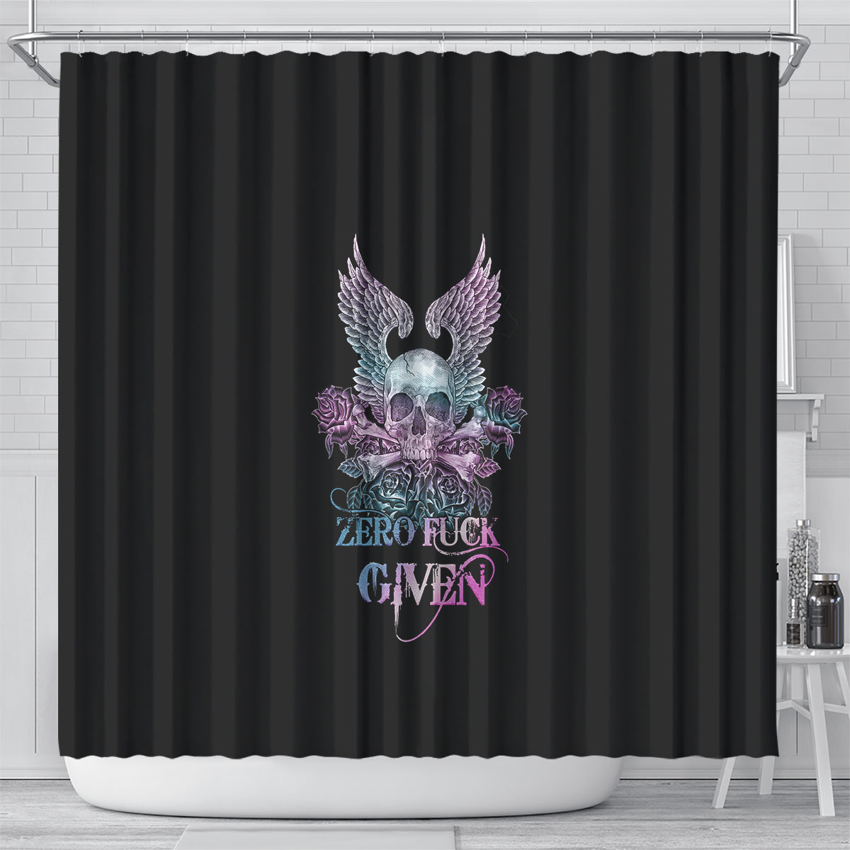 skull-wings-roses-zero-fuck-given-shower-curtain