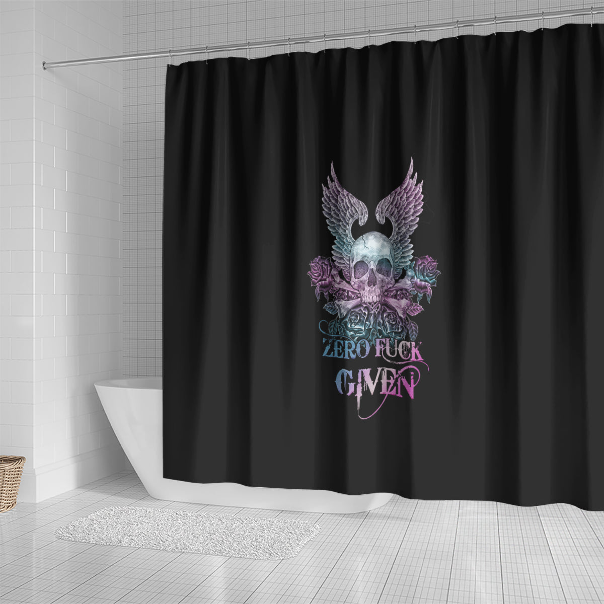 skull-wings-roses-zero-fuck-given-shower-curtain