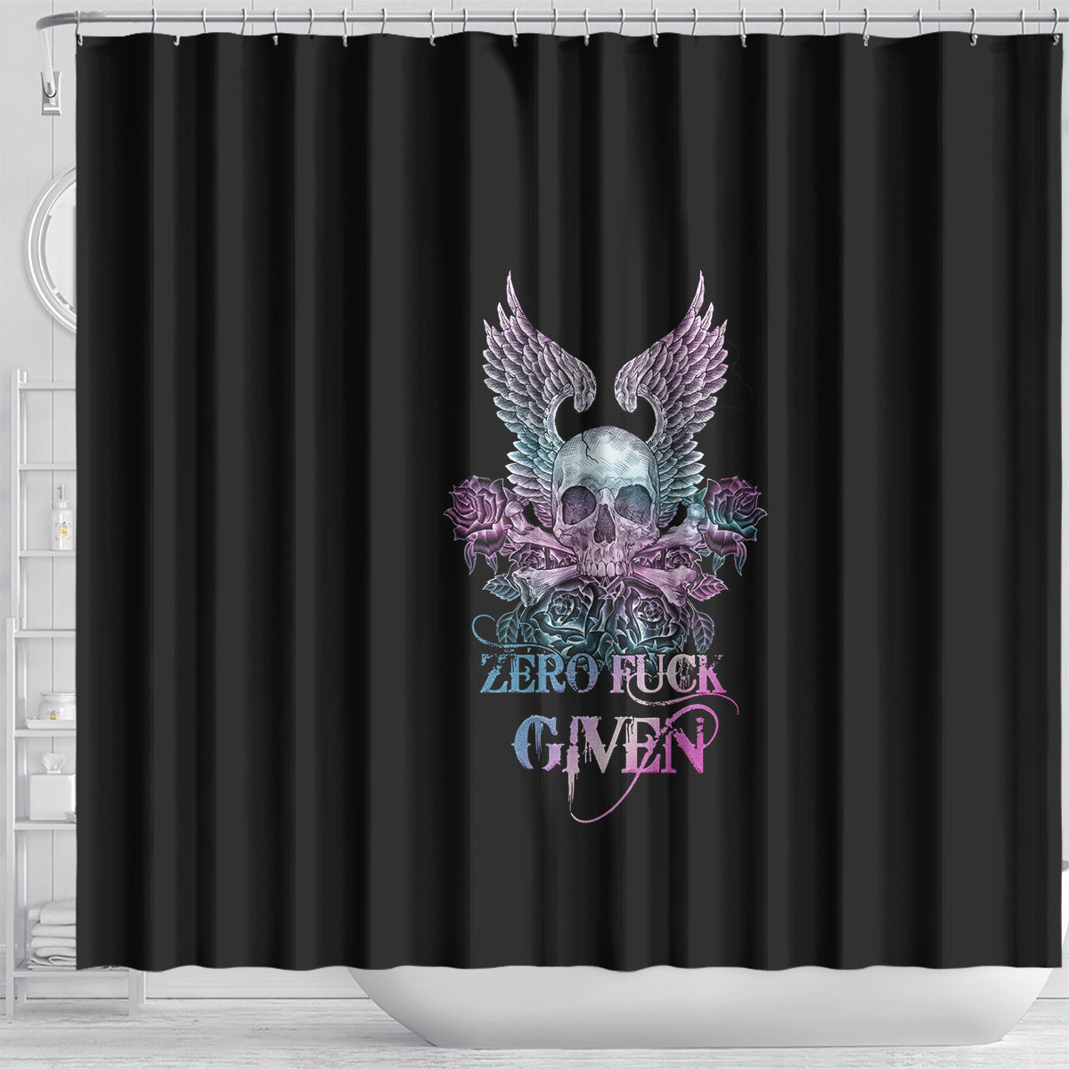 skull-wings-roses-zero-fuck-given-shower-curtain
