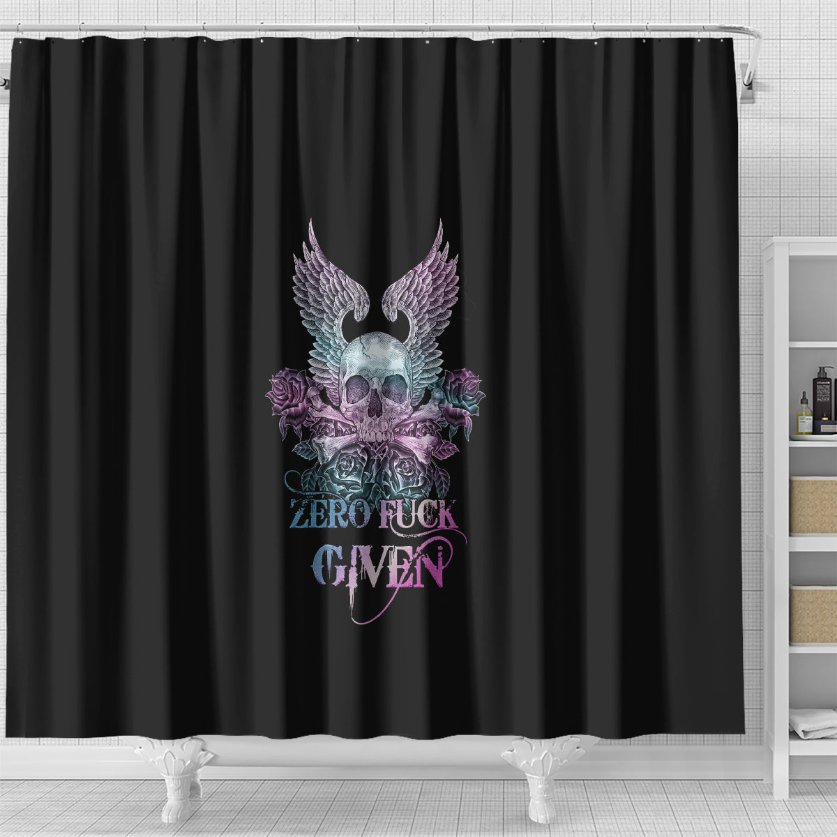 skull-wings-roses-zero-fuck-given-shower-curtain