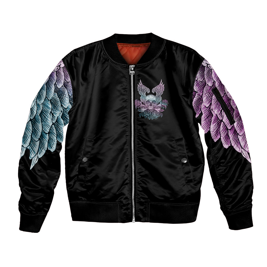 Skull Wings Roses - Zero Fuck Given Sleeve Zip Bomber Jacket - Wonder Print Shop