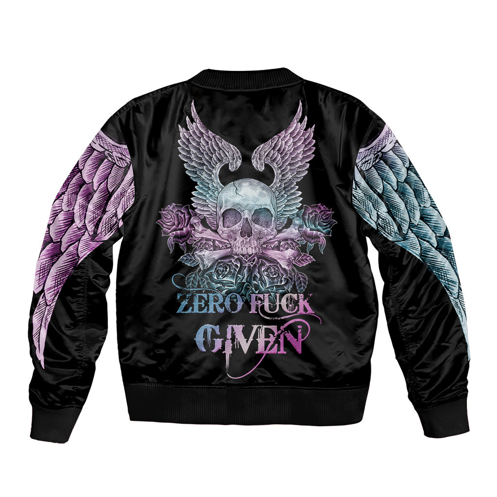 Skull Wings Roses - Zero Fuck Given Sleeve Zip Bomber Jacket - Wonder Print Shop