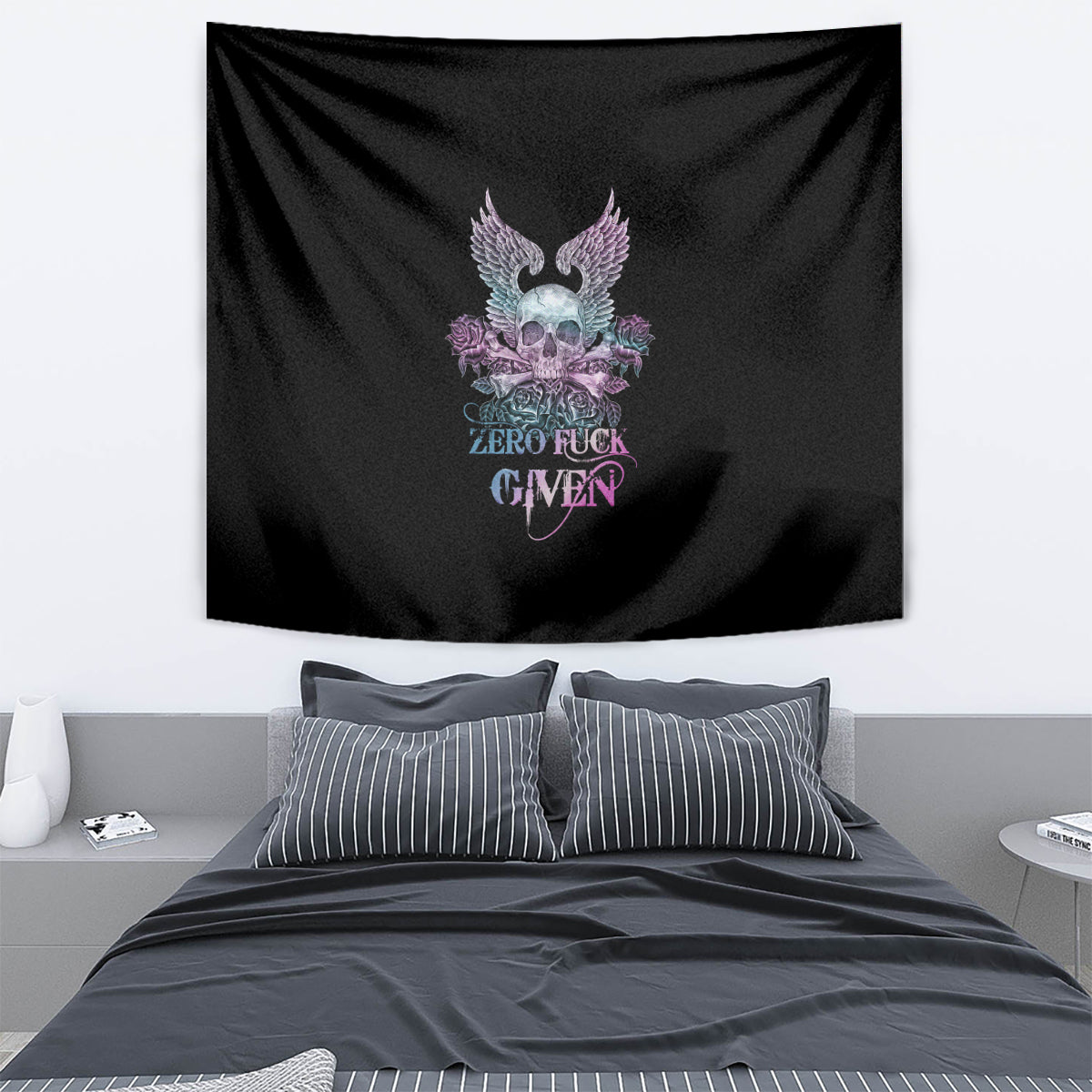Skull Wings Roses - Zero Fuck Given Tapestry - Wonder Print Shop