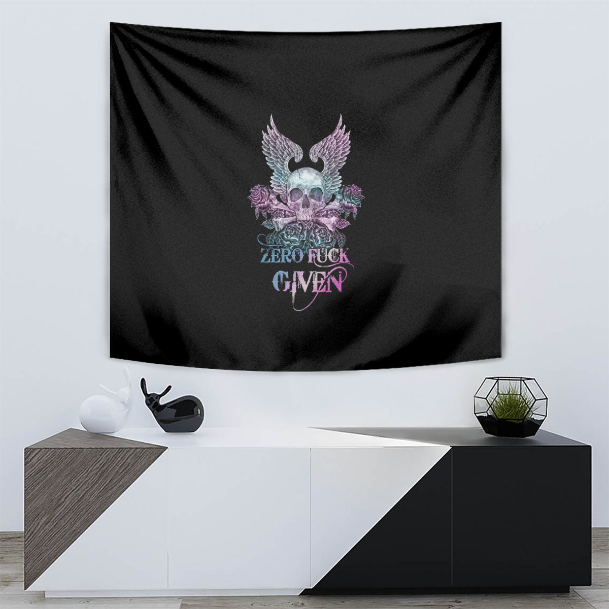 Skull Wings Roses - Zero Fuck Given Tapestry - Wonder Print Shop
