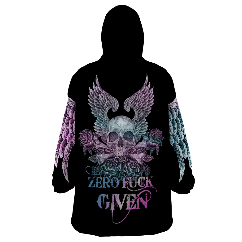 Skull Wings Roses - Zero Fuck Given Wearable Blanket Hoodie - Wonder Print Shop