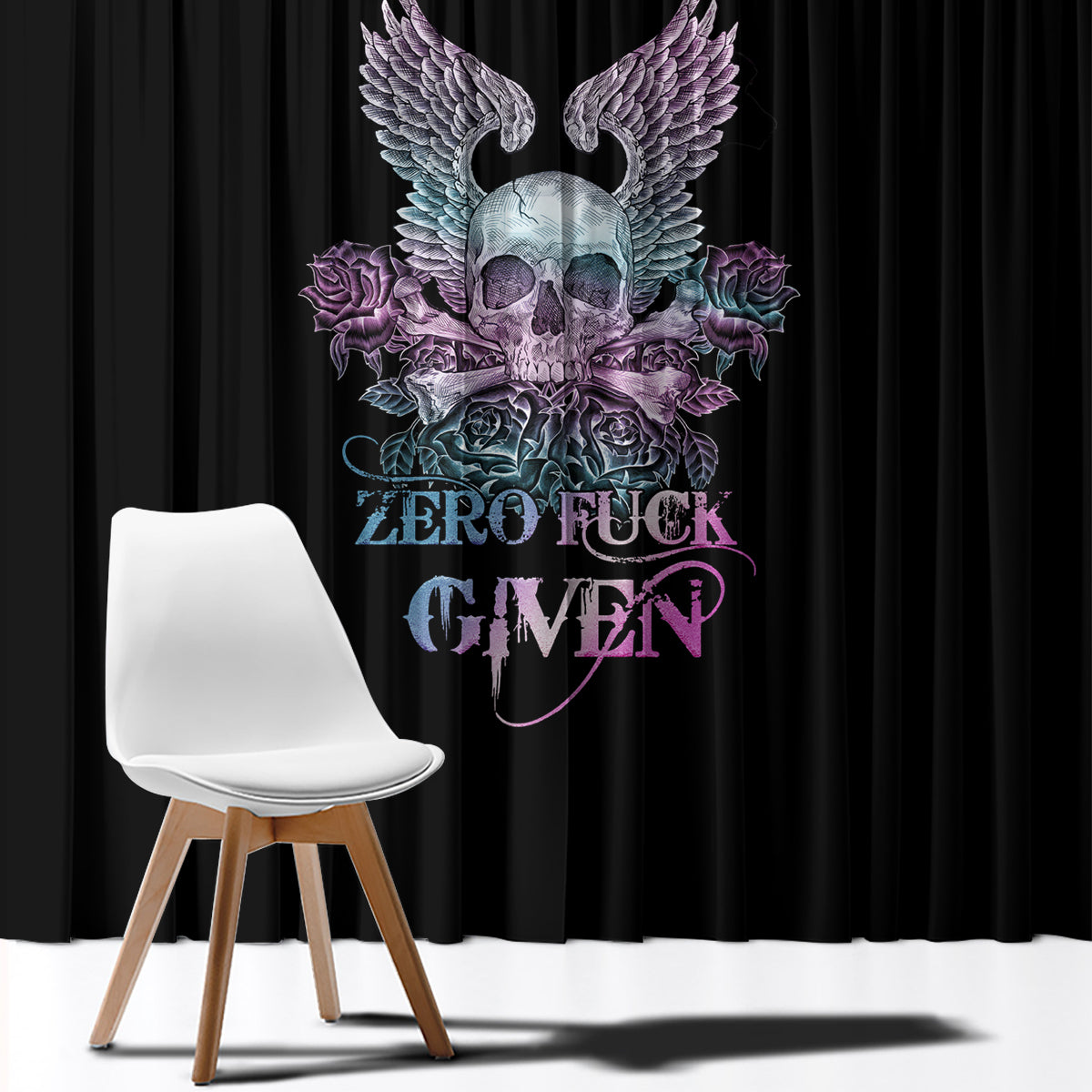 Skull Wings Roses - Zero Fuck Given Window Curtain - Wonder Print Shop