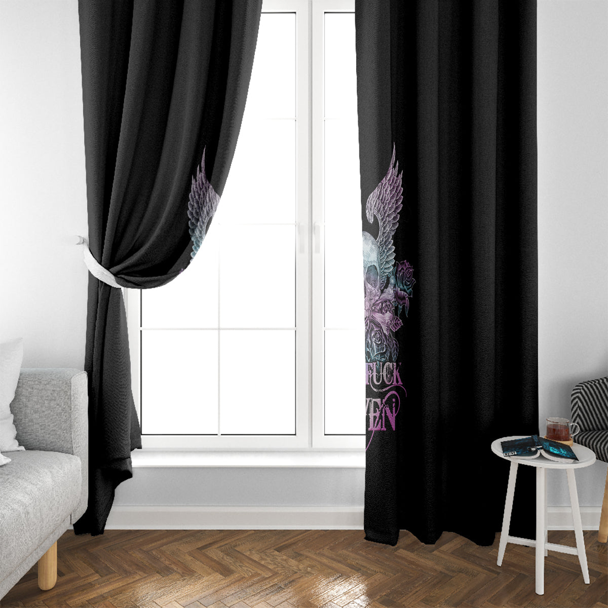 Skull Wings Roses - Zero Fuck Given Window Curtain - Wonder Print Shop