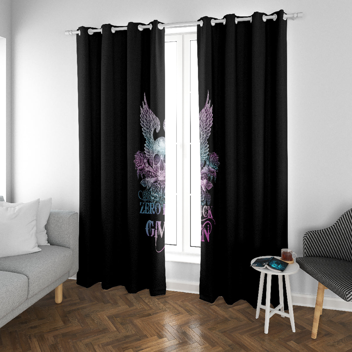 Skull Wings Roses - Zero Fuck Given Window Curtain - Wonder Print Shop