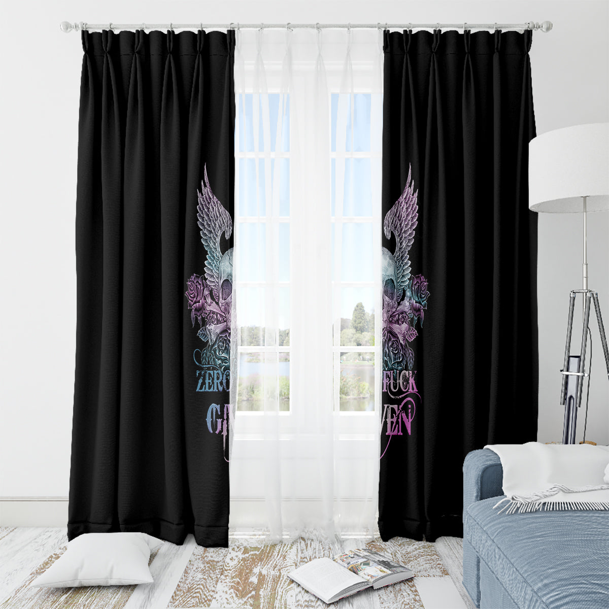 Skull Wings Roses - Zero Fuck Given Window Curtain - Wonder Print Shop