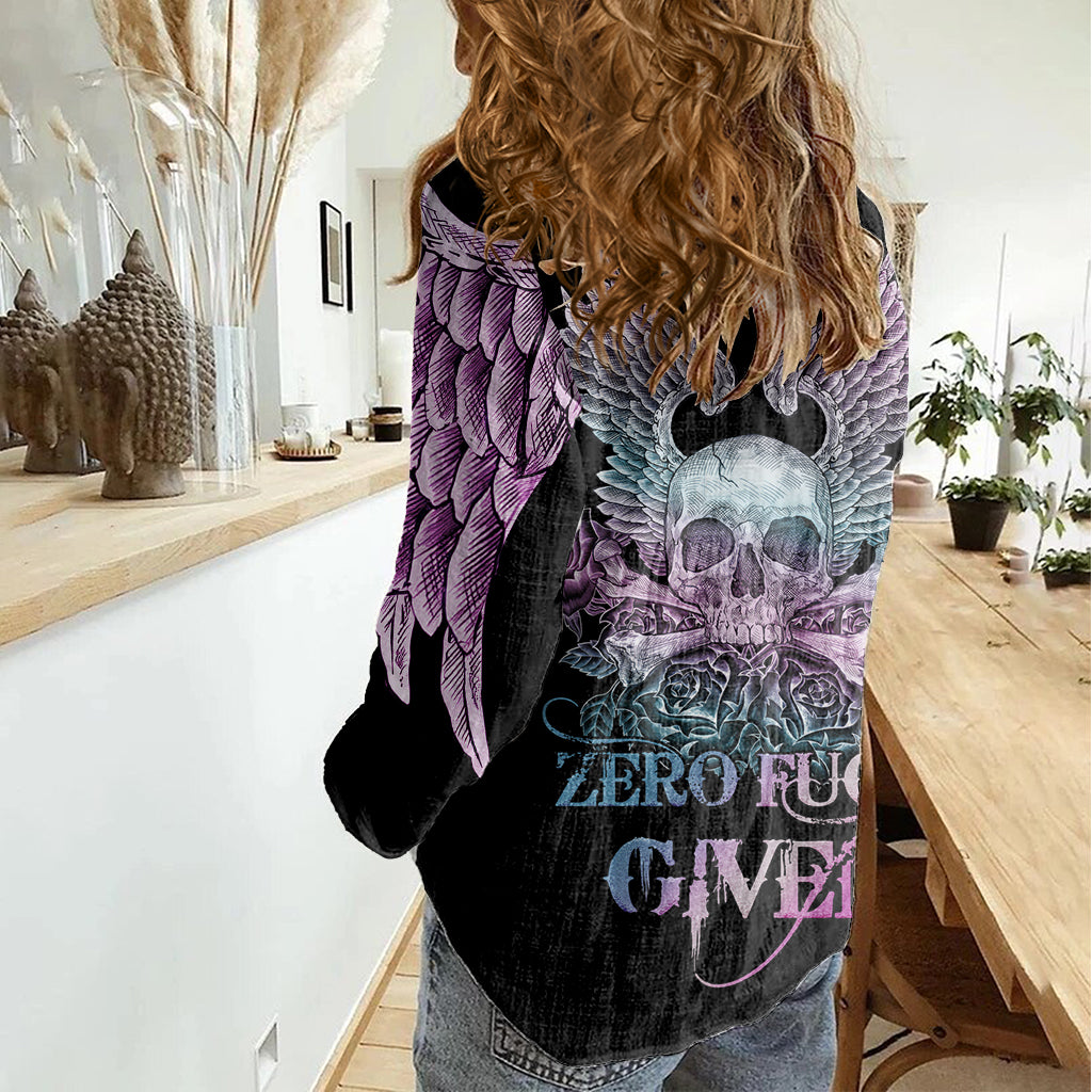 Skull Wings Roses - Zero Fuck Given Women Casual Shirt - Wonder Print Shop