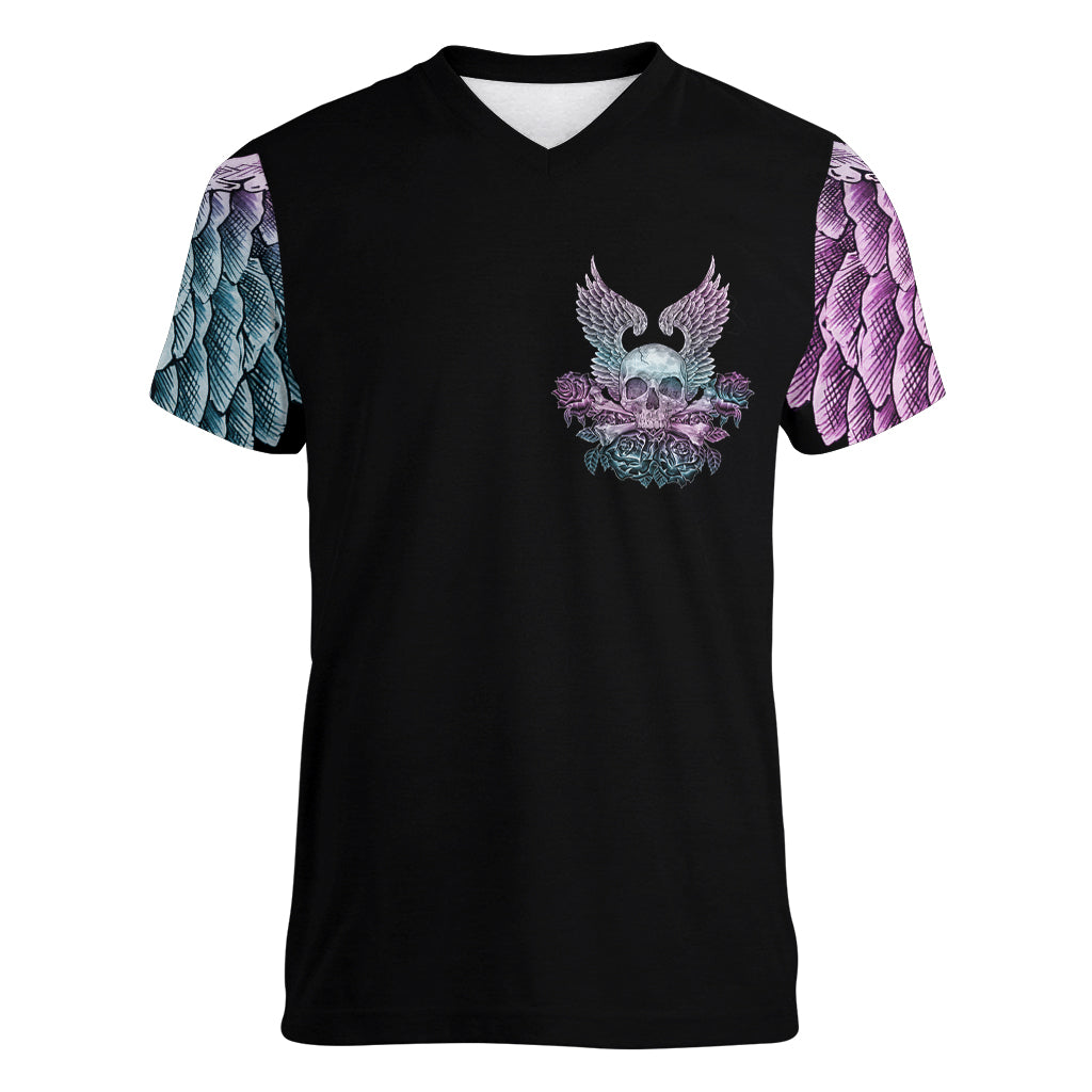 Skull Wings Roses - Zero Fuck Given Women V Neck T Shirt - Wonder Print Shop