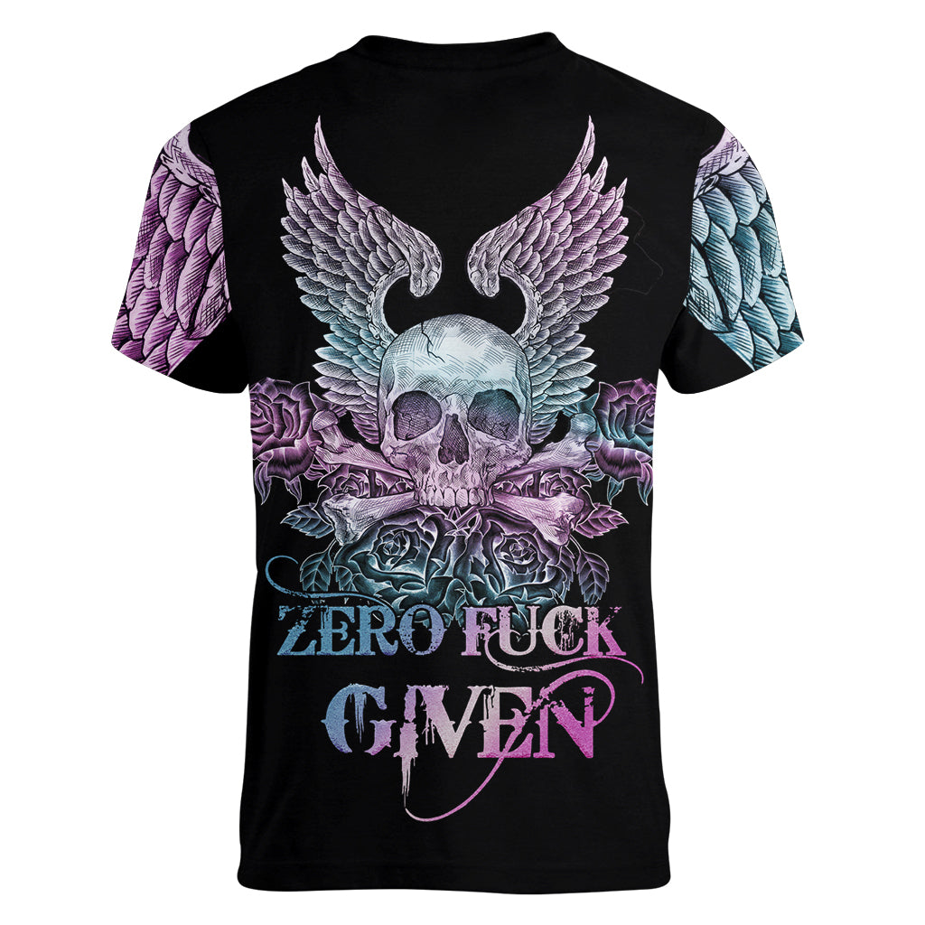 Skull Wings Roses - Zero Fuck Given Women V Neck T Shirt - Wonder Print Shop