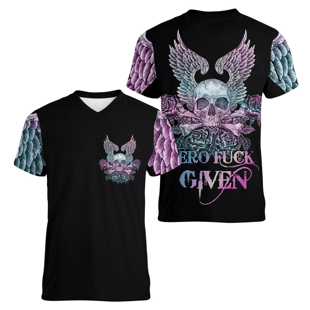 Skull Wings Roses - Zero Fuck Given Women V Neck T Shirt - Wonder Print Shop