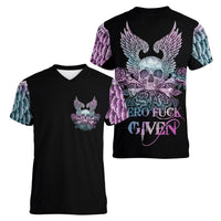 Skull Wings Roses - Zero Fuck Given Women V Neck T Shirt - Wonder Print Shop