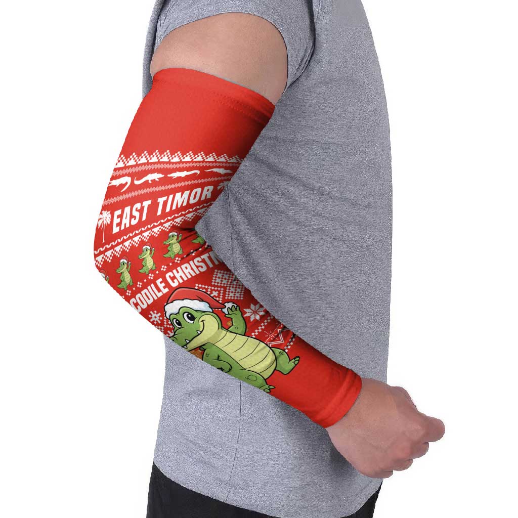 East Timor Christmas Arm Sleeves with Santa Crocodile Gingerbread Palm Trees and Red Holiday - Wonder Print Shop
