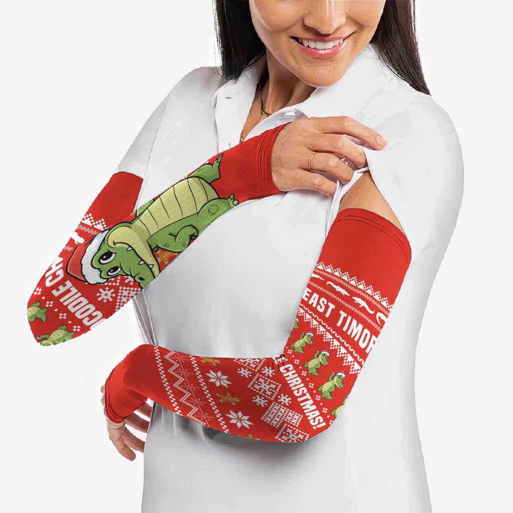 East Timor Christmas Arm Sleeves with Santa Crocodile Gingerbread Palm Trees and Red Holiday - Wonder Print Shop
