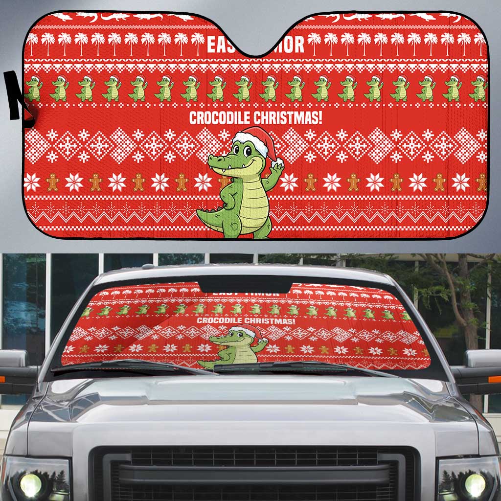 East Timor Christmas Auto Sun Shade with Santa Crocodile Gingerbread Palm Trees and Red Holiday - Wonder Print Shop